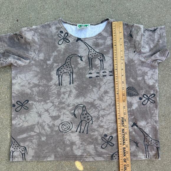 Vintage 90s Tribal Animal Art Giraffe Zoo Short Sleeve T-shirt Gray Brown XL? - Picture 8 of 9